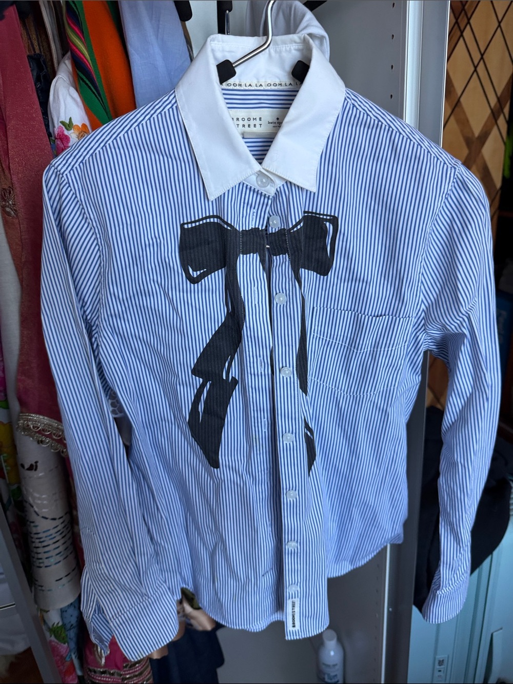 Women Blue Stripe Button-Up Shirt with Black Bow Print - (Brand Unknown)